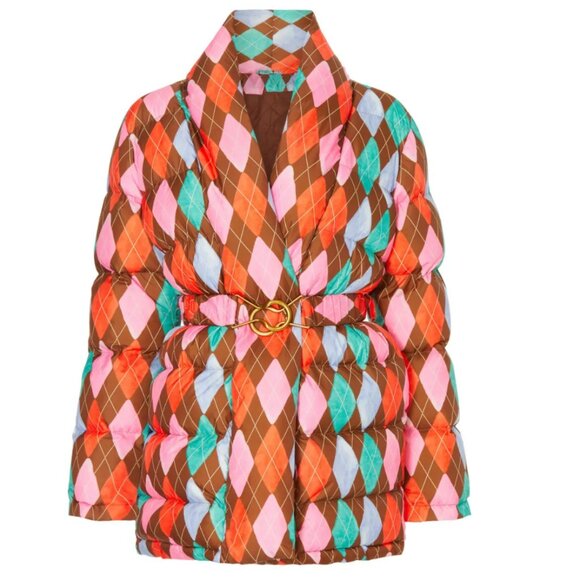 Rachel Antonoff Pink Brown & Orange Argyle Belted Puffer Jacket S - Picture 5 of 14